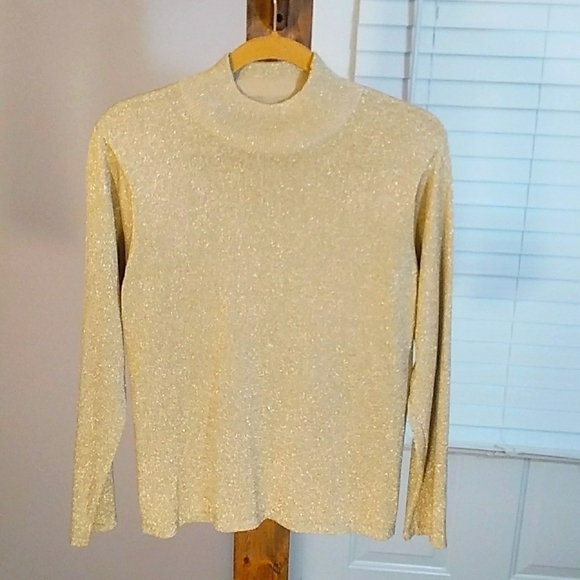 Talbots Silk Blend Pullover Knit Tan/Gold Heather Mock Neck Metallic Size M - Picture 11 of 12